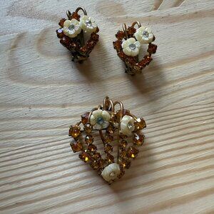 Vintage Austrian Rhinestone & Floral Clip-On Earrings & Brooch Set Mid Century